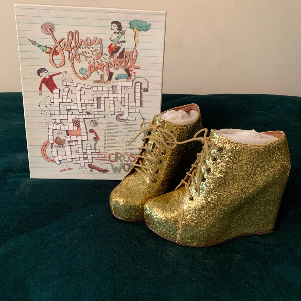 Sz. 8.5 Jeffrey Campbell “99 Tie” Gold Glitter Wedge Bootie